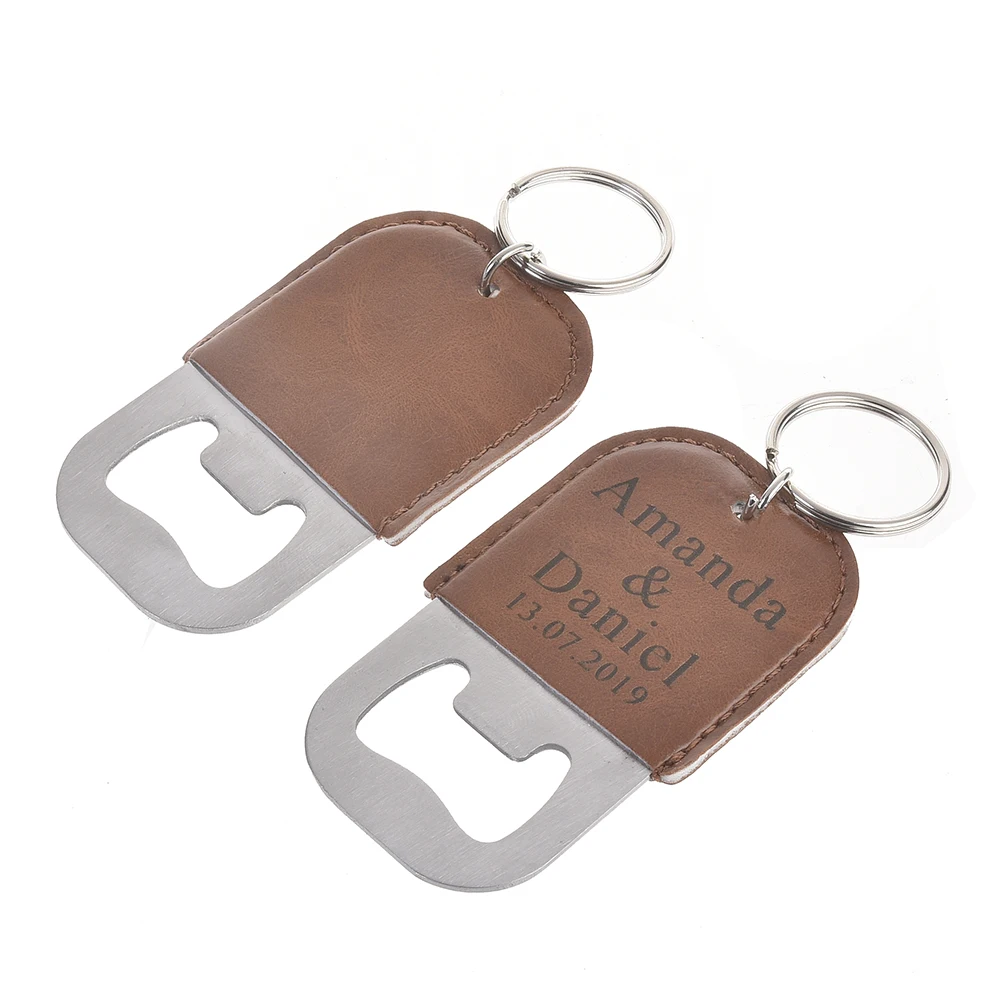 

Personalized Engraved Leather Bottle Openers, Stainless Steel Keyrings, Wedding Decor, Business Logo, Gift Favor, Brown, 50pcs