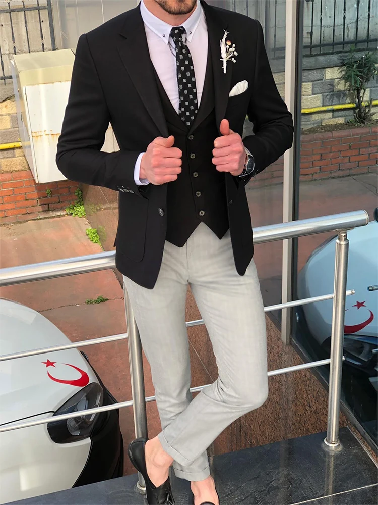 

ANNIEBRITNEY Black Slim Fit Men Suit With Grey Pants Tailor Made 2020 Fashion Groom Wedding Tuxedo Slim Prom Wedding Men Suit