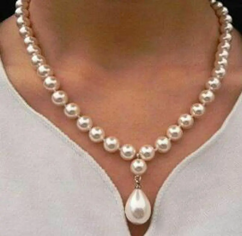 Natural 8mm Round South Sea Shell Pearl & 12x16mm Drop Pendant Necklace 18''AAA+