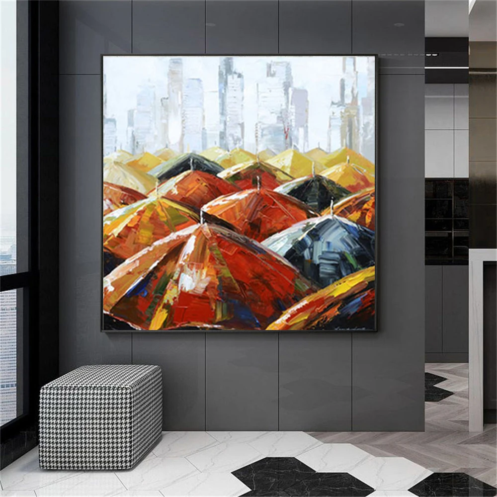 100% Hand Painted Streets Umbrella Art Modern City Picture Abstract Canvas Oil Painting Handmade Square Wall Art For Living Room