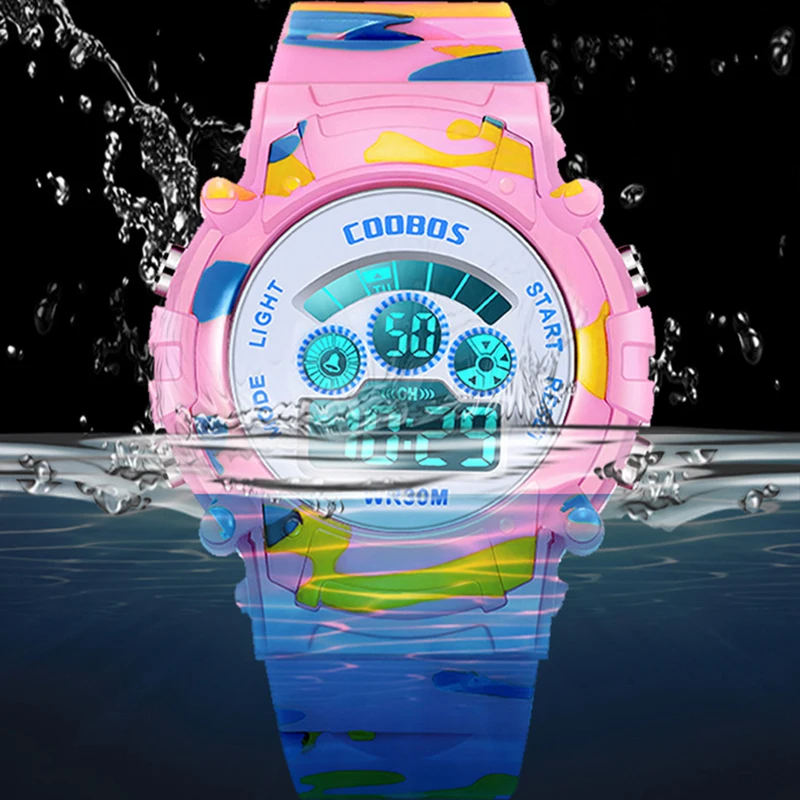 Relojes de camuflaje azul marino para niños, LED colorido, Flash Digital, alarma impermeable para niños, niñas, fecha, semana, reloj creativo para