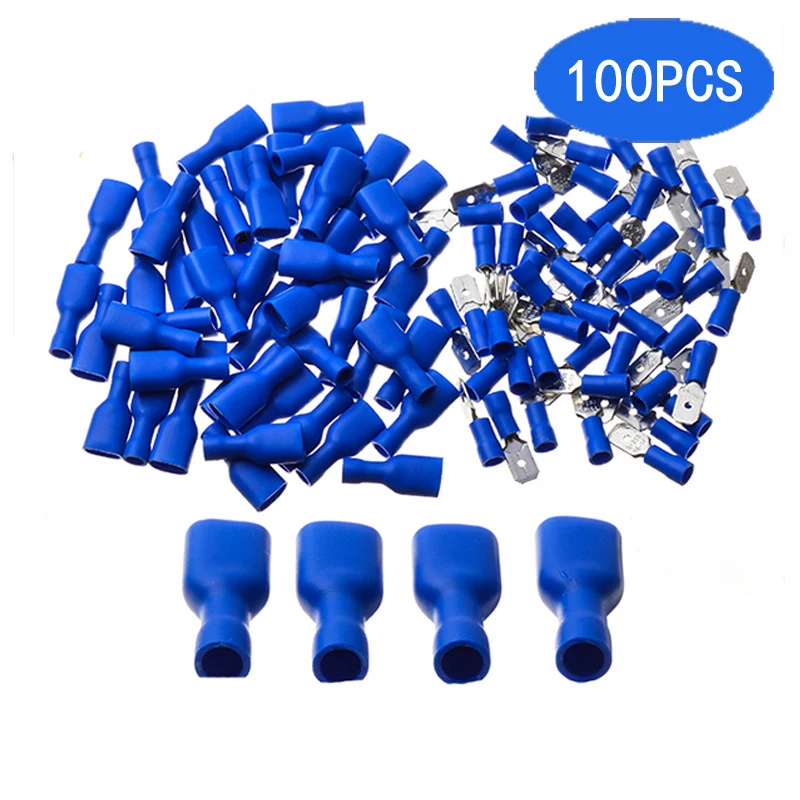 100PCS FDFD2-250 Female Insulated Electrical Crimping Terminal Blue Tongue and Groove Insert Fully Insulated Spade Tube Terminal