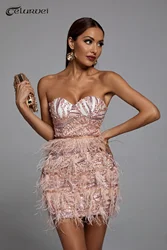 High Quality Pink Sequin Feather Mini Dress Fashion Strapless Night Club Party Bodycon Dress Vestidos