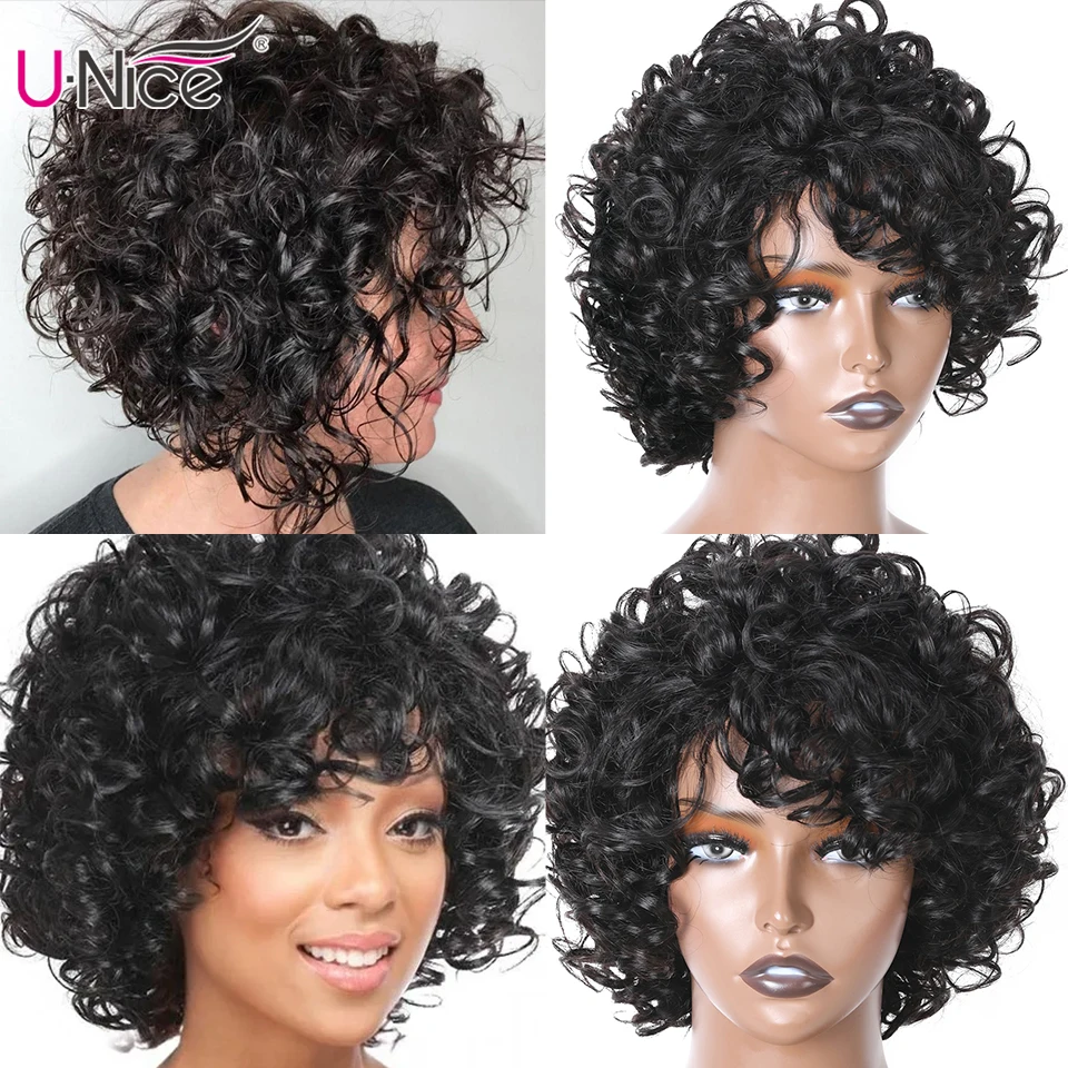 

Unice Hair Brazilian Fluffy Curly Human Hair Wig Black Bouncy Curl Hair Wig with Bang Glueless Wig for Women Pixie Cut Wig