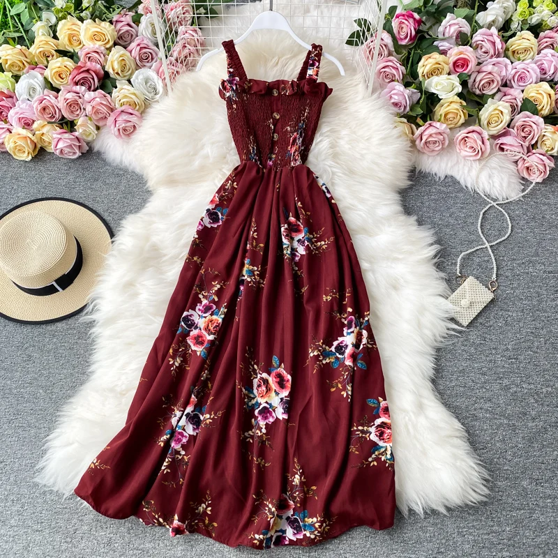 Robe longue à imprimé floral pour femmes, tunique élégante, vintage, bouton Boho, sexy, bretelles spaghetti, mi-longue, fête d'été, plage, vacances, éducatif