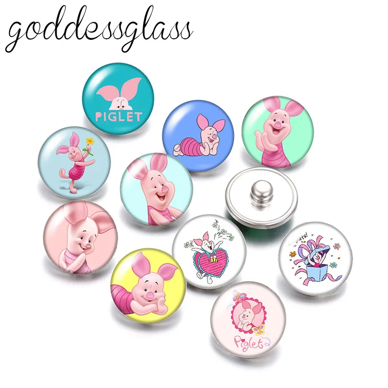 Disney Pooh Friends Piglet Cute Pig 10pcs Round photo glass 18mm snap buttons for 18mm snap bracelets jewelry