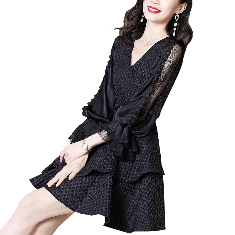 Spring Summer Dresses Female Waist Slimming V-Neck Lace Ruffled A-Line Dress Lady Oversize Long-Sleeved Dresses Women's Clothing