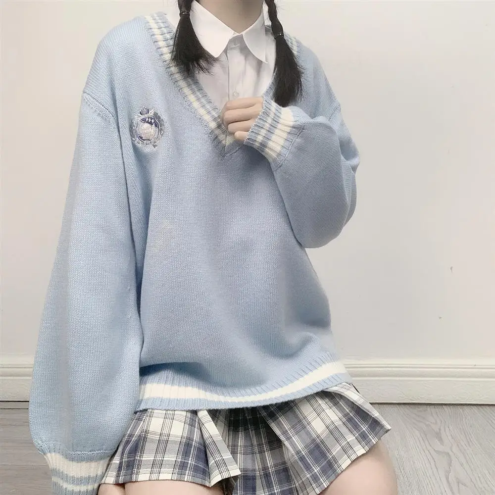 JK Uniform Pullover Sweater Korean V-neck Knitted Tops College Style Sweet Female Student Loose Outwear Japanese School Uniform