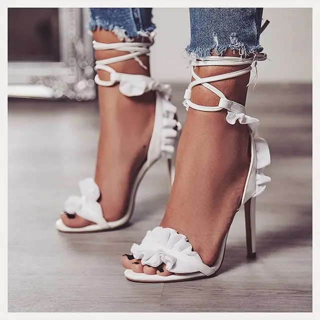 Summer Newest White High Heels Women Sandals Lotus Lace Women's Sandals Lace-Up Ankle Strap Ladies Sandals