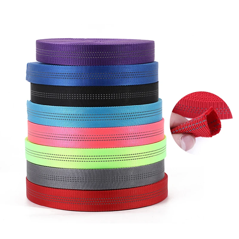 50 Meters Double-layer Reflective Tubular Webbing 25mm Polyester for Backpack Luggage Handbag Dog Leash Outdoor Tape Accessories