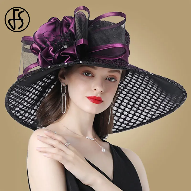 FS Purple Ladies Fascinator Hats Wedding Kentucky Derby Hats For Women Flower Hats Large Wide Brim Fedora Organza Hat Church