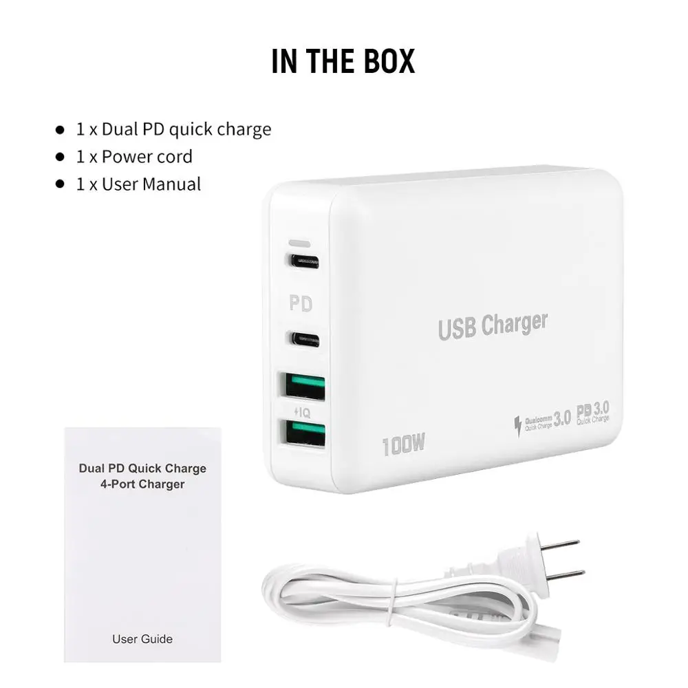 

100W 4 Ports USB Fast phone Charger Quick Charge 3.0 Type-C PD Charger For iPhone 12 xiaomi huawei Power Bank Battery Charger