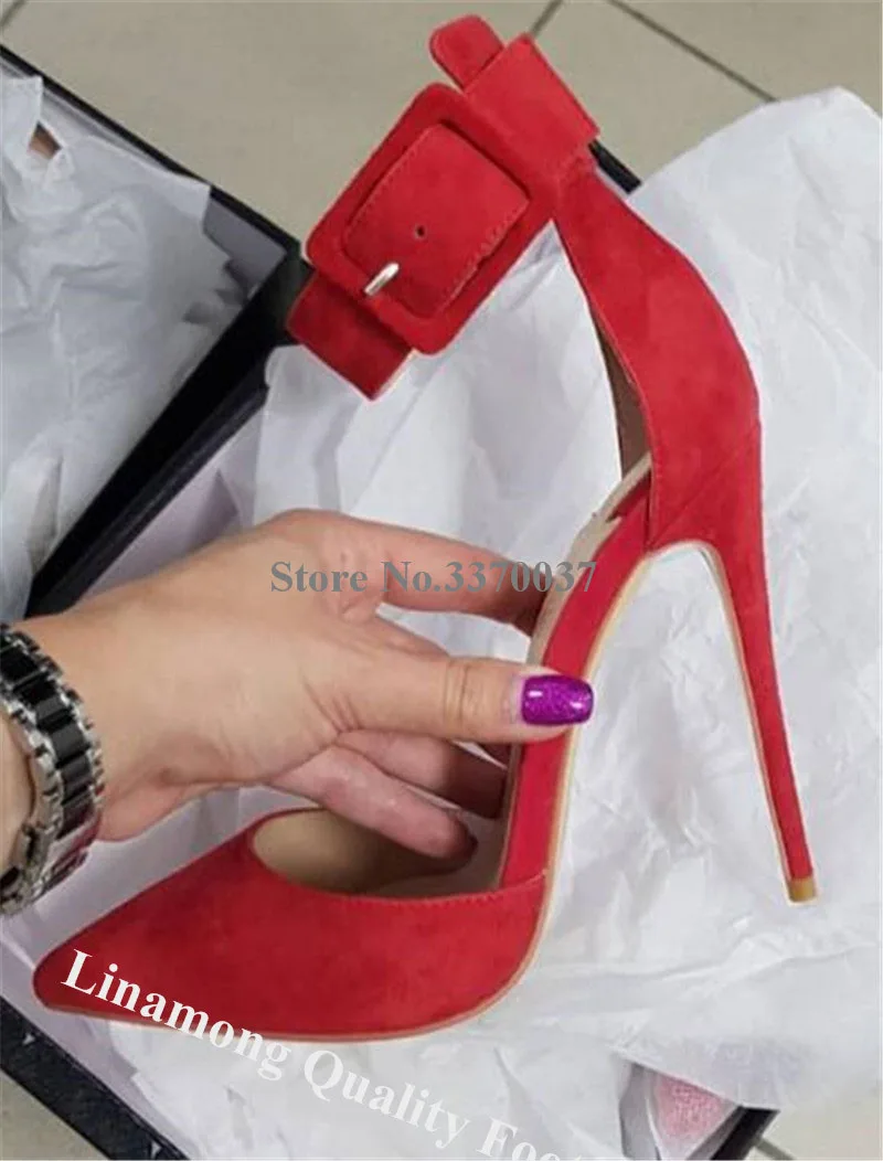 Linamong Elegant Fashion Pointed Toe Stiletto Heel Pumps Ankle Strap Buckle Red Black Gold High Heels Formal Dress Shoes