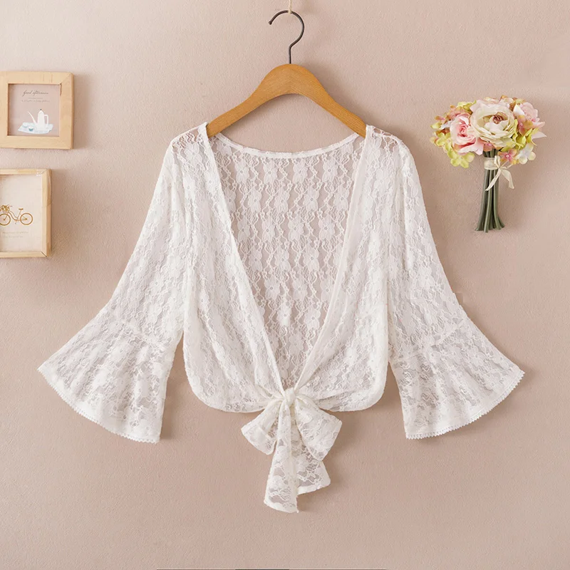 Dài Áo Voan Cardigan Mùa Hè 2020 Người Phụ Nữ Cổ V Thắt Nơ Eo Áo Sơ Mi Đen Ren Tay Ren Bãi Biển Áo bao Che