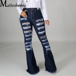 Fashion Women Hole High Waist Ripped Slit Flare Jeans Ladies Black Tassel Denim Trousers Sexy Skinny Bell Bottoms Jean Pants