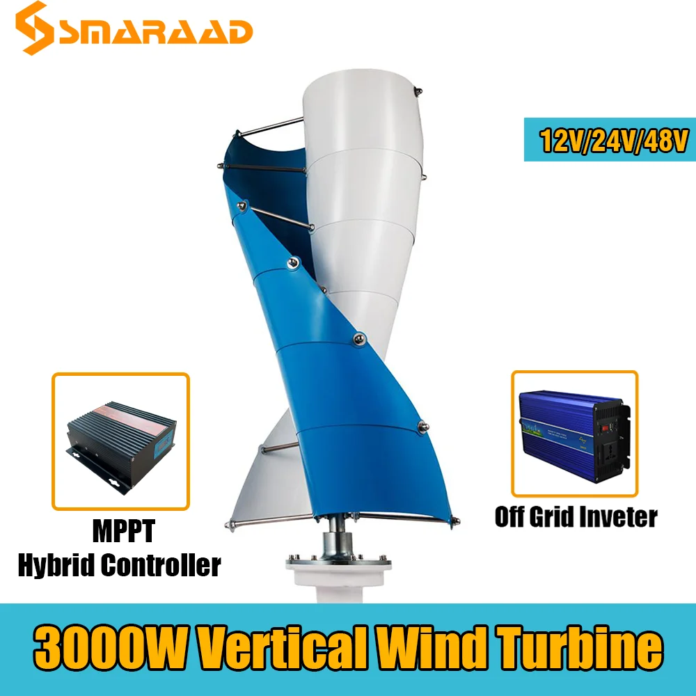 VAWT 2000W 3000W Wind Vertical Turbine Generator Alternative Free Energy Windmill  24V 48V MPPT Hybrid Controller Off Inverter