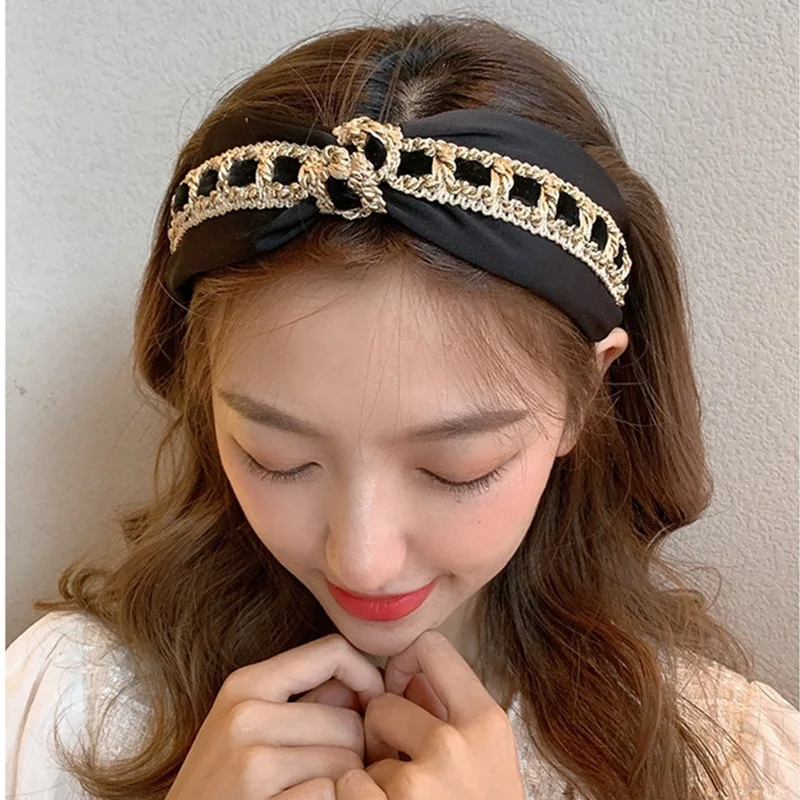 Vintage Velvet Weave Headband Hair Hoops For Women New Retro Fashion Chain Knotted Non-slip Wide Hairband Bow Headwrap Wholesale