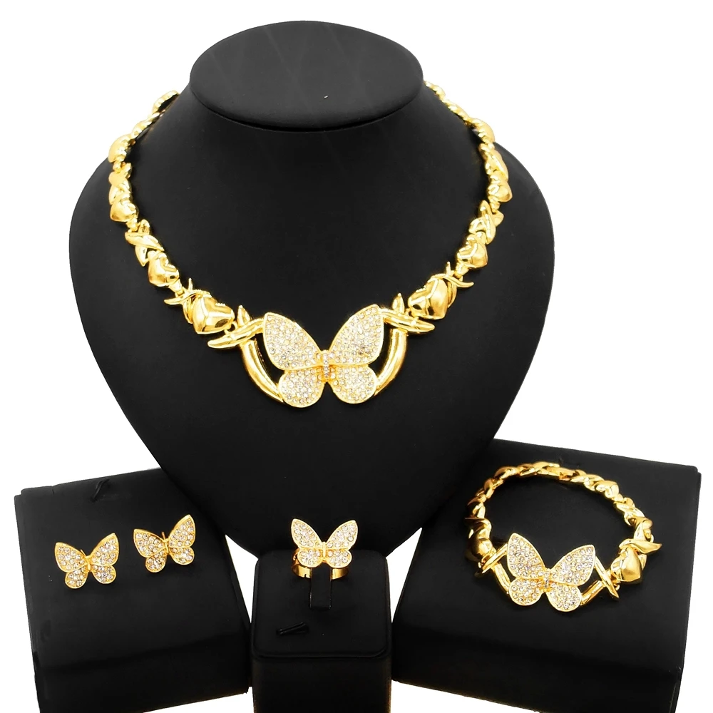 Woman Necklace Jewelry Set Delicate Butterfly Pendant Fashion Gold Plated Bracelet Heart Shape Earring Ring Free Shipping