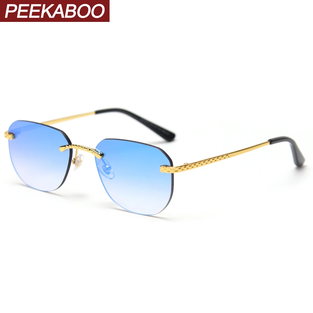 Peekaboo rimless square sunglasses men mirror blue green red frameless retro sun glasses for women metal gold uv400 summer 2021