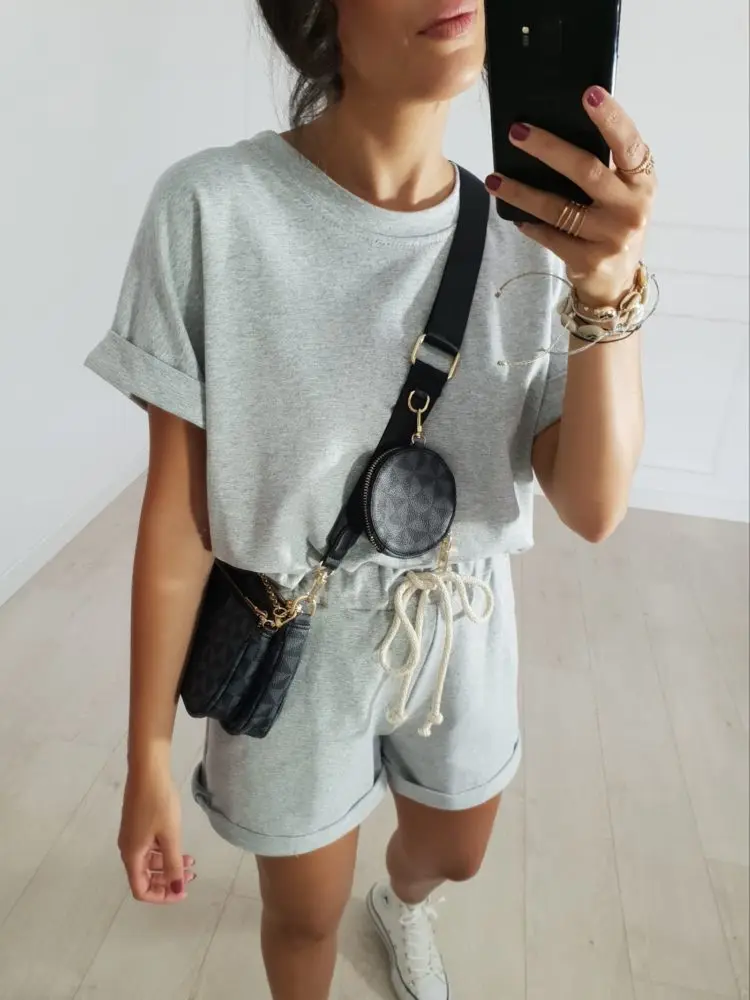 Summer Cotton Sets Women Casual Two Pieces Short Sleeve T Shirts and High Waist Short Pants Solid Outfits Tracksuit