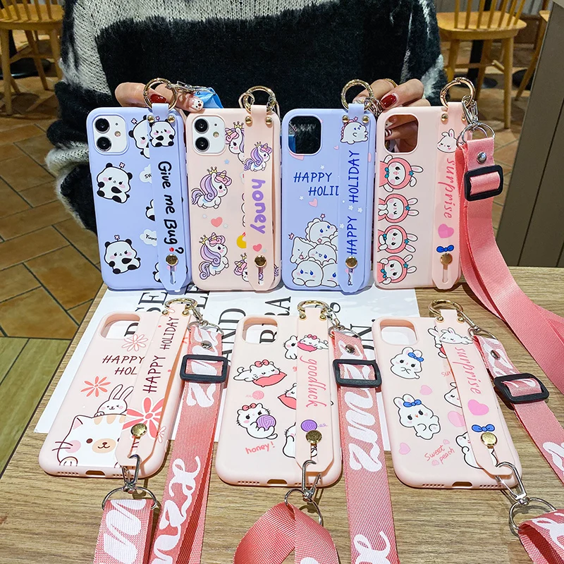 Holder Case For Samsung Galaxy Note 20 10 8 9 S7 S8 S9 S23 S10 S22 J4 J6 A6 S20 A7 A8 Plus A9 2018 Cat Rabbit Wrist Strap Case