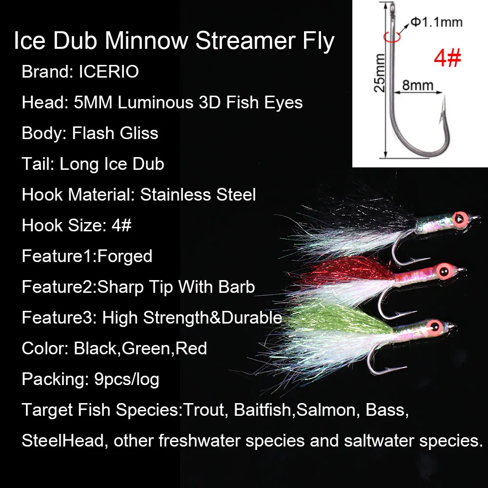 ICERIO 9PCS Ice Dub With 3D Fish Eyes Epoxy Minnow Streamer Fly For Tout/Bass/Pike FshingBaits Saltwater Freshwater Fishing Lure