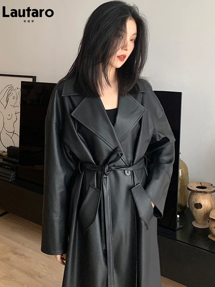 Lautaro-Trench Coat longo de couro preto para mulheres, faixas grandes, botão único, solto e elegante, moda coreana, primavera