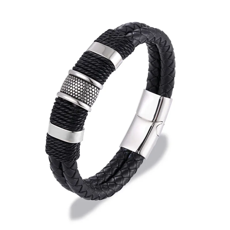 MKENDN Punk Männer Schmuck Schwarz/Braun Geflochtenes Leder Armband Edelstahl Magnetverschluss Mode Armreifen 19/21/23 cm – Detail 5