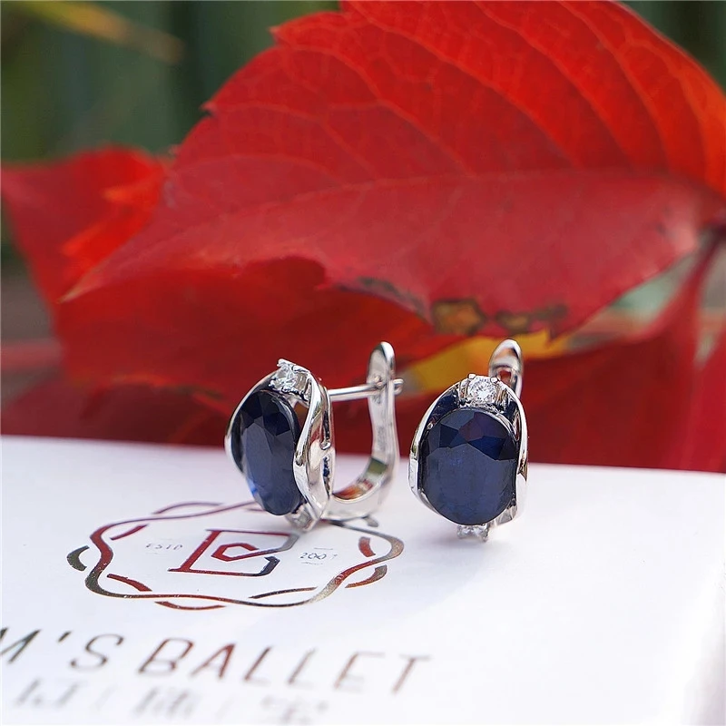 GEM\'S BALLET Natural Oval Sapphire Gemstone Earrings Jewelry 925 Sterling Silver Office Solid Blue Stud Earrings For Women Gift