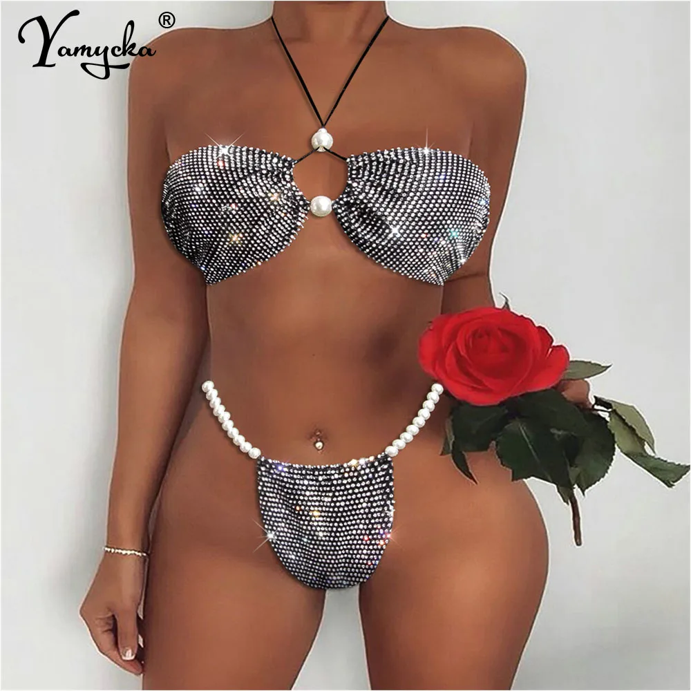 Sexy micro string strass due 2 pezzi bikini set costumi da bagno donna perizoma mini bikini push up cover abbigliamento da spiaggia bikini costume da bagno