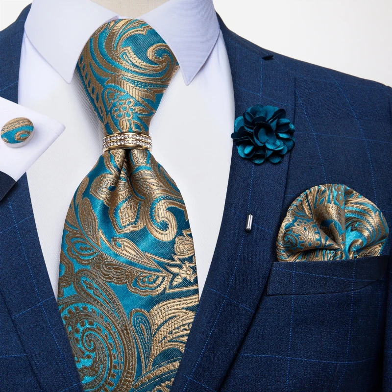 Neue Designer-Krawatten in Blau und Rot mit Paisley-Muster für Herren, Hochzeits- und Partykrawatte, luxuriöse Krawatte mit Ring und Brosche, Krawatten-Set, Geschenk für Herren, DiBanGu – Detail 24