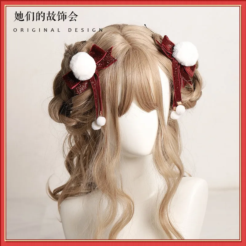 Bow hairpin women double ponytail hair accessories pair Japanese cute red new Year headdress 2021 new