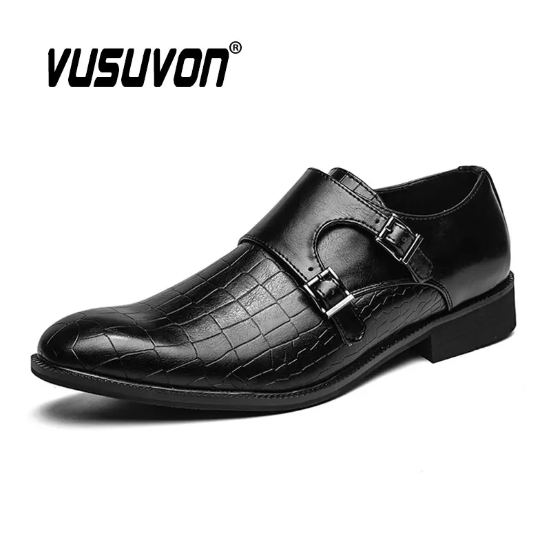 Size 39-45 Men's Dress Shoes Genuine Leather Double Buckle Monk Strap Black Snake Print Cap Toe Classic Italian Design Flats