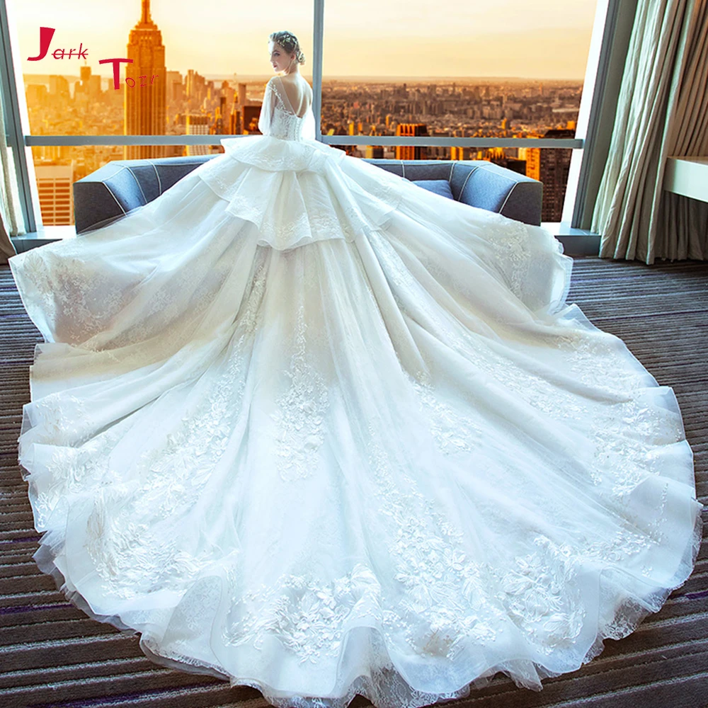 Vestido De novia De manga corta con cuello redondo, con apliques De encaje, para novia