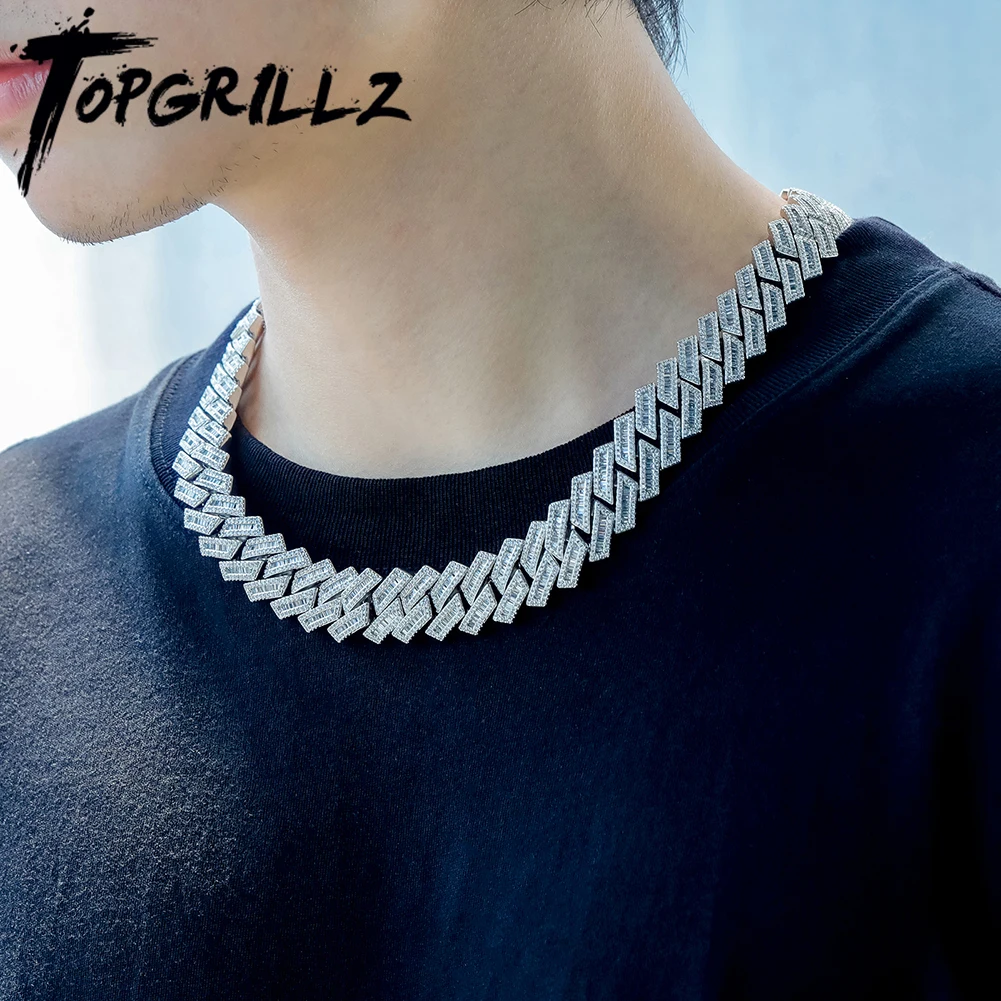 

TOPGRILLZ New Luxury 18mm Baguette Cuban Chain Necklace High Quality AAA+ Cubic Zirconia Chain Hip Hop Punk Jewelry For Gift