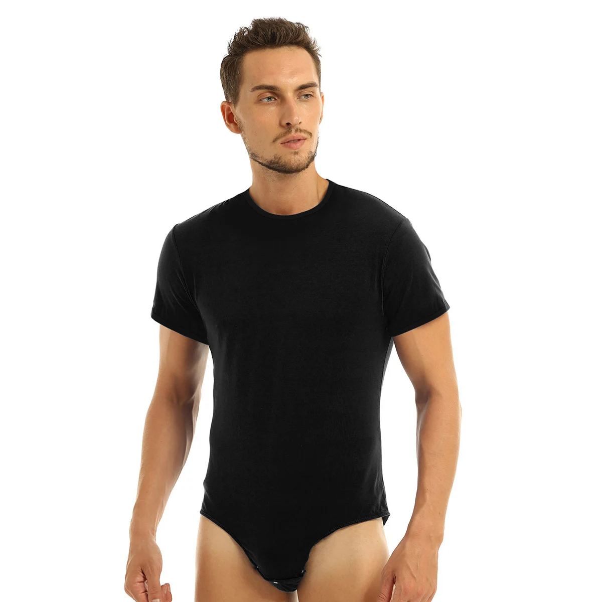 Men Adult Press Crotch T-shirt Bodysuit Sexy Lingerie One Piece Round Neck Short Sleeves Romper Pajamas Underwear Men\'s Clothing