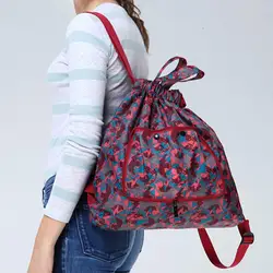 Foldable Flower Print Nylon Drawstring Waterproof Large Capacity Backpack Handbag for Shopping