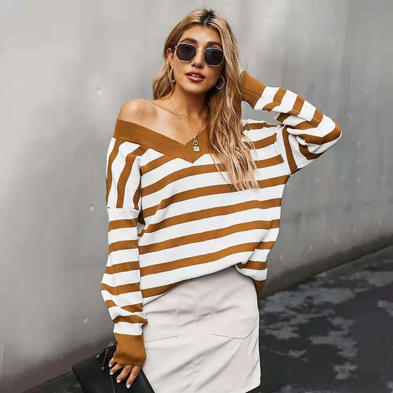 Fashion Striped Knitted Pullovers Women Long Sleeve V-Neck Sweaters Leisure All-match Tshirts Office Lady Elegant Streetwear