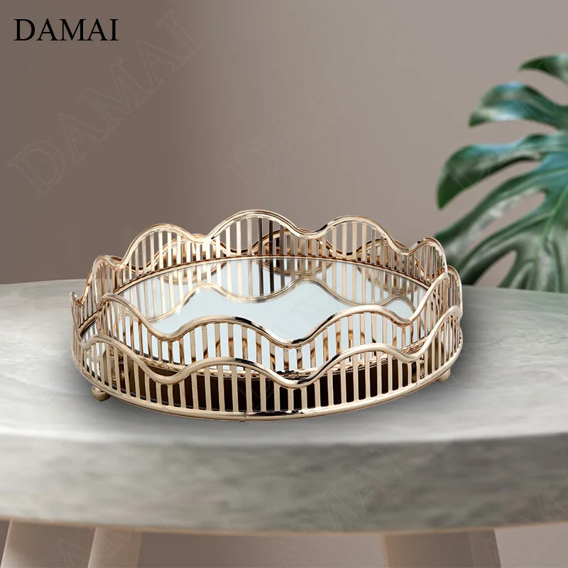 Creativity Gilded Iorn Gold Trays Decorative Nordic Modern Golden Sea Wave Border Tea Cup Wine Set Storage Tray Home Decoration