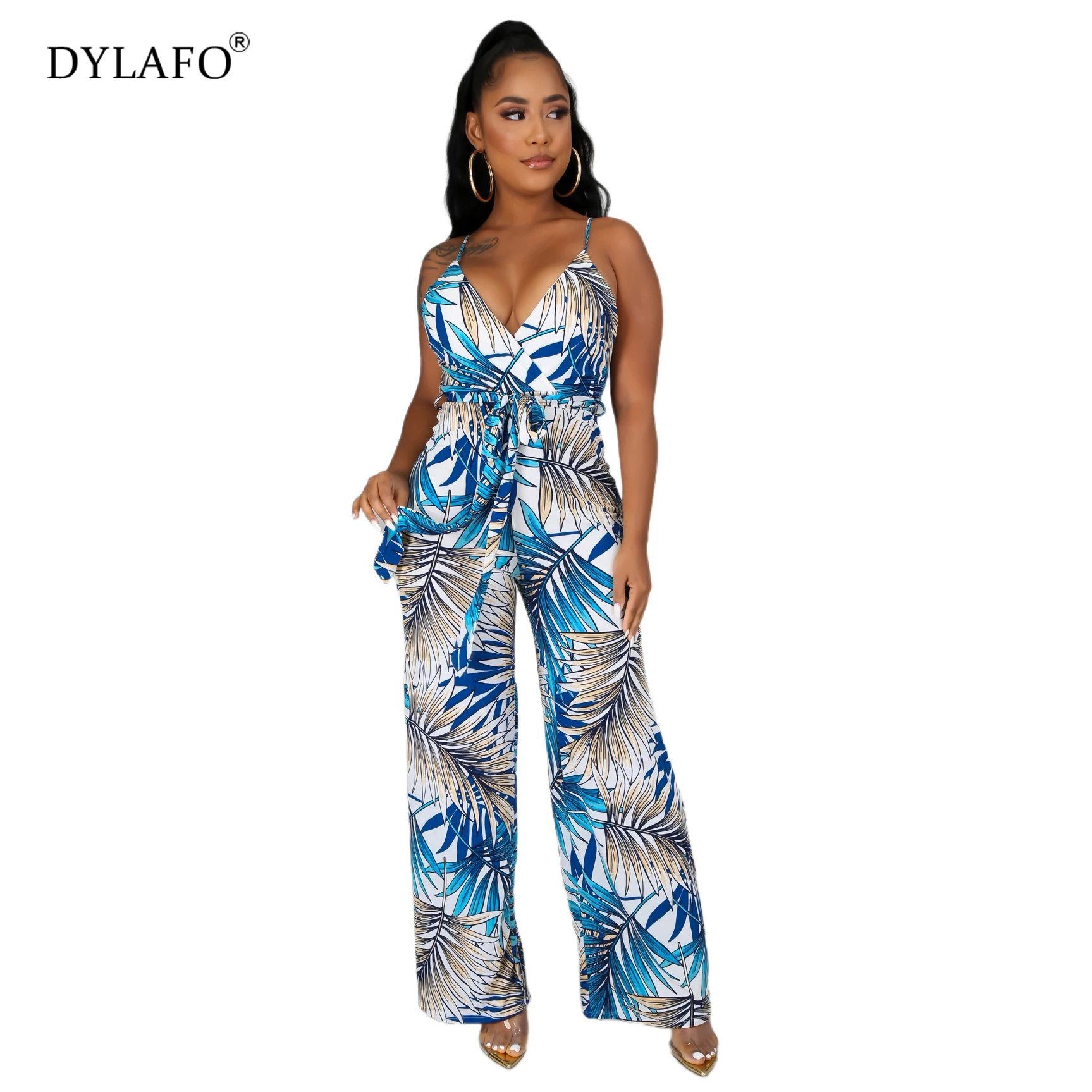 2021 Boho Lady Halter Deep V-Neck Print Jumpsuit Sexy Bandage Design Women Playsuits Fashion Backless Wide Leg Pant Romper S-2XL