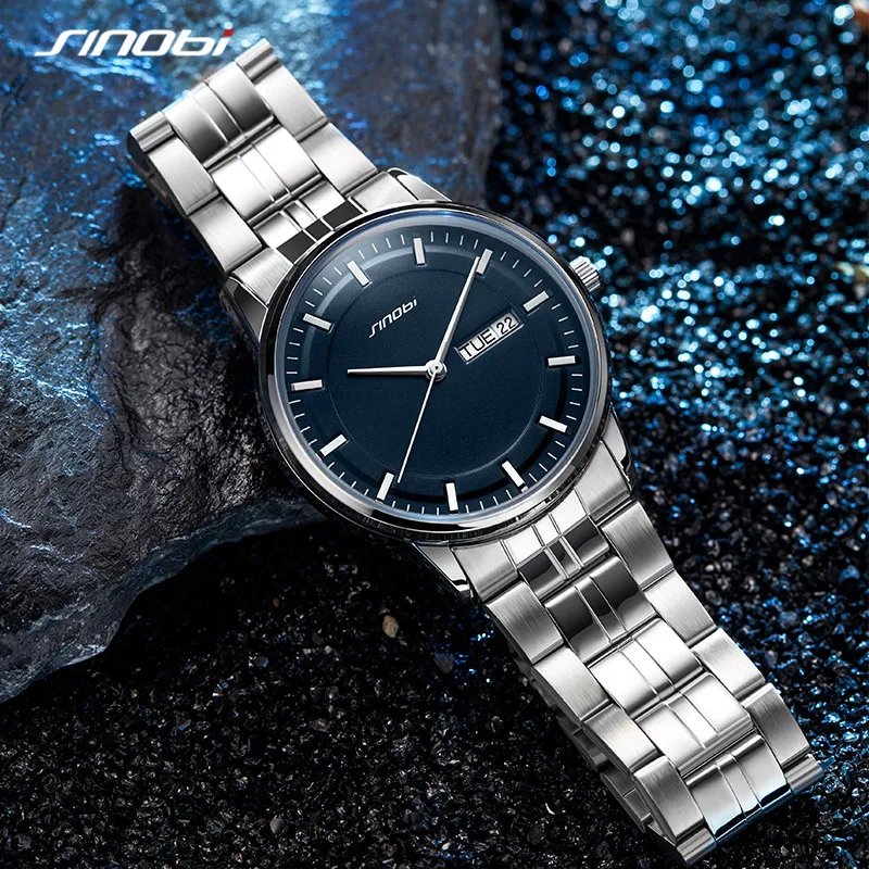 SINOBI New Arrival Man\'s Watch Blue Face Business Men\'s Quartz Wristwatch Fashion Stainless Steel Sports Clock Relogio Masculino