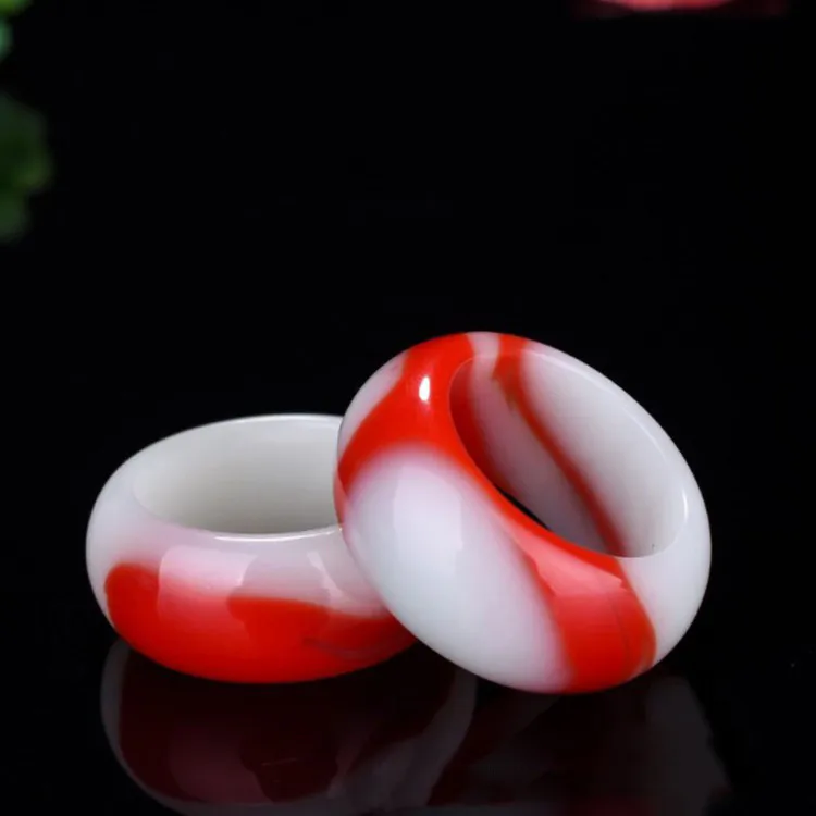 Xinjiang Gobi Golden Jade Chicken Blood Jade Thickened Ring Red and White Pretty Flower Ring Banzhi