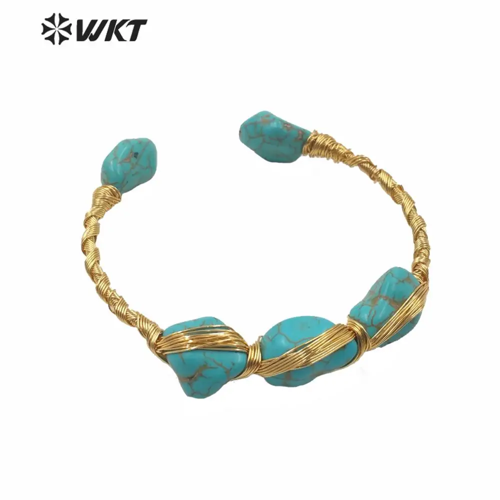 

WT-B554 Summer New Bangle Type Stone Wire Wrapped Bangle Gold Plated Wholesale Natural Raw Stone Bangle For Women Gift