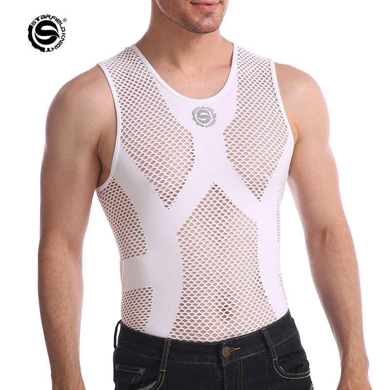 SFK Mens Summer Cycling Vest Quck-Dry White Mesh Tank Tops Motorcycle Breathable Sleeveless Shirt streetwear Gym fitness singlet