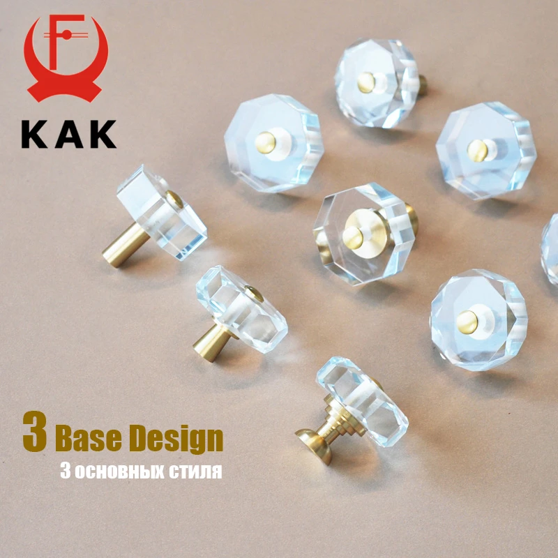 KAK 30mm Crystal Cabinet Knobs and Handle Brass Copper Kitchen Handle Square Cupboard Door Pulls Furniture Knobs Door Hardware