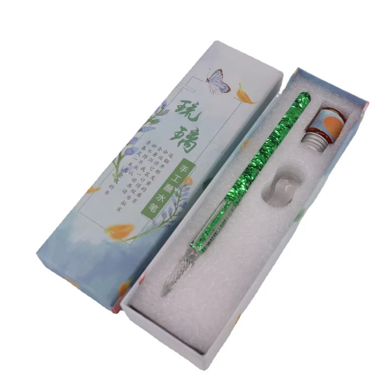 Glass Dip Pen And Ink Set Creative Gift Box Gold Powder Color Ink Handmade Sequined Glass Dip Pencil And Blue Gifts