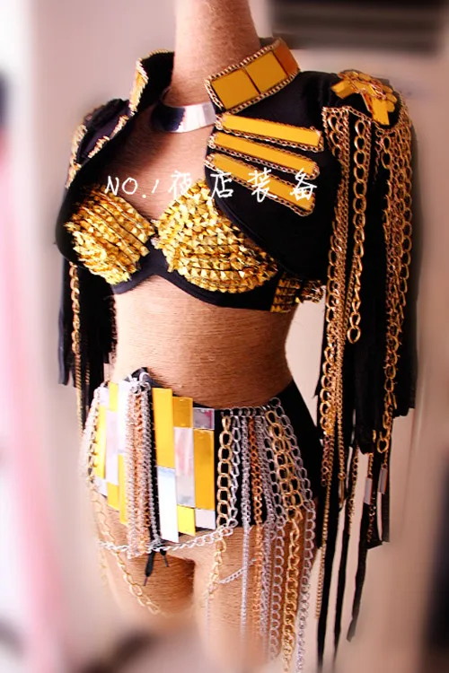

Sexy Women Stage Costume For Singers Female Gold Mirror Chain Tassel Jacket Clothes Dance Wear club party outfit