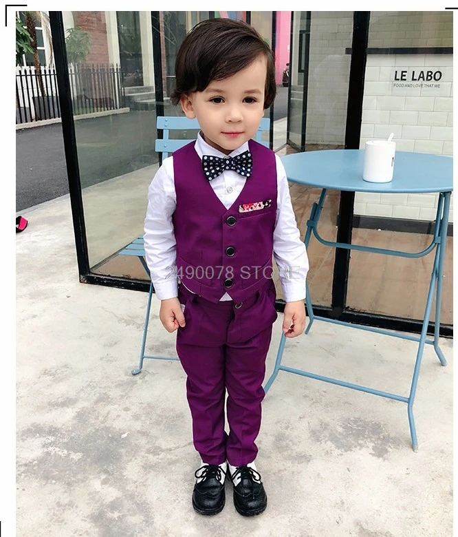 Kids Blazer Vest pants 3Pcs Set Flower Boys Wedding Suit Children Formal Tuxedo Performance Host Dance Party Dress Costume