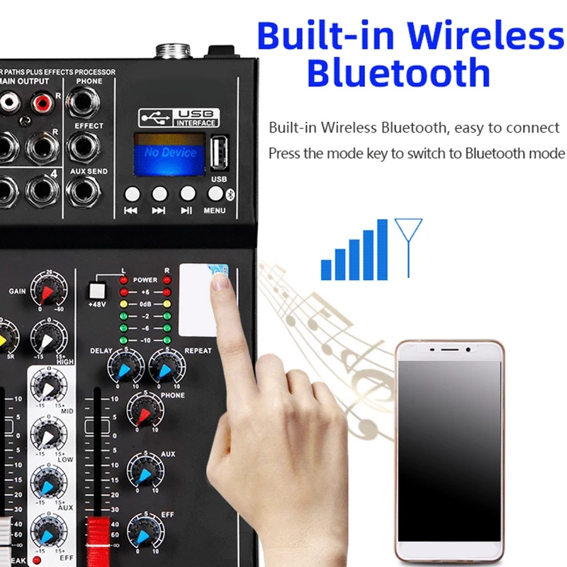 F4 4 Channel Audio Mixer Sound Professional Mixing Console with Bluetooth USB Recording 48V Phantom Power