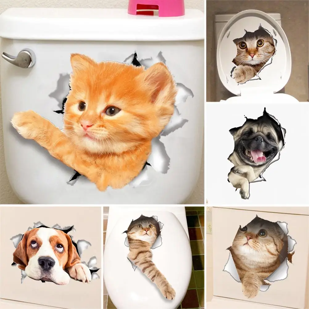 Cute Cat Dog Pattern Toilet Lid Cover Decal Wall Art Sticker Bathroom Wall Stickers Car Animal Wall Poster Home Decor